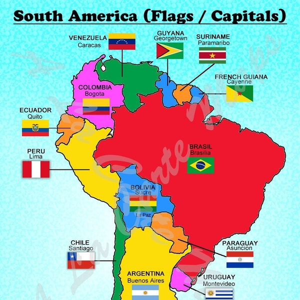 Digitale kaart van alle Zuid-Amerikaanse landen met hun vlaggen en hun hoofdsteden