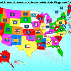 Mapa digital de todos os estados dos EUA com suas bandeiras e suas capitais