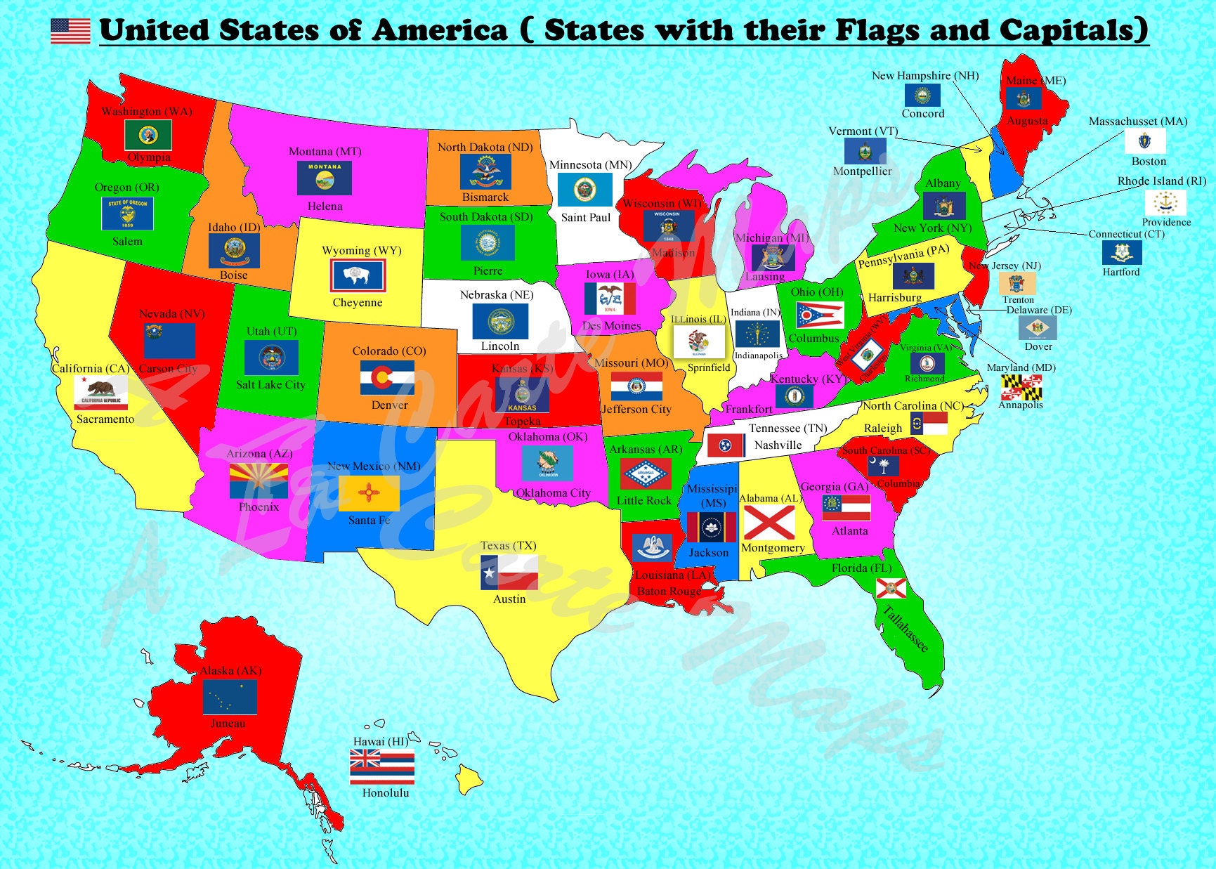 Digital Map of all US States with their flags and their capital cities