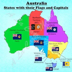 Mapa Digital de los Estados de Australia, territorios con sus banderas y sus capitales