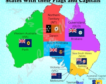Digital Map of Australia States, territories with their flags and their capital cities