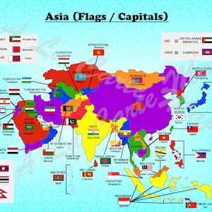 Mapa digital de todos os países asiáticos com suas bandeiras e capitais