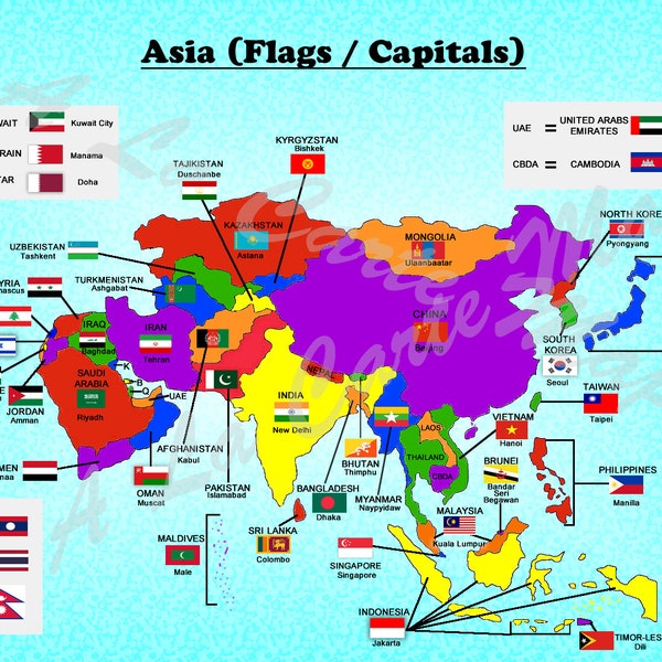 Digital Map of all Asian Countries with their flags and their capital cities