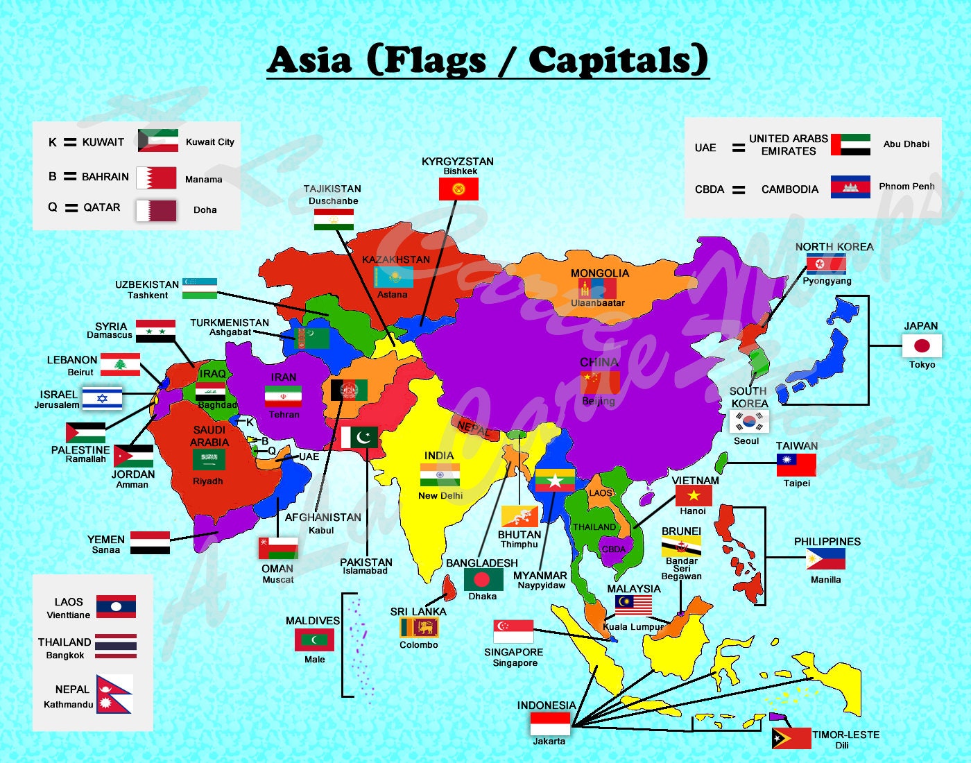 Digital Map Of All Asian Countries With Their Flags And Their Capital 