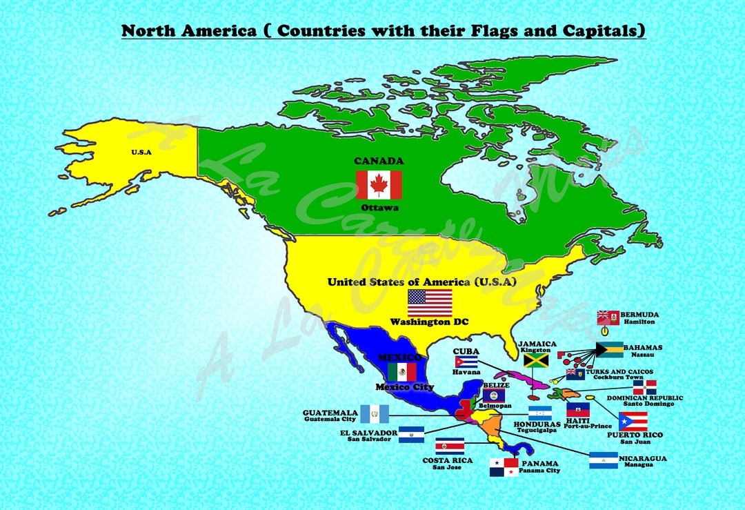 Digital map of north american countries with their flags and their