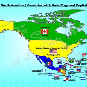 Mapa digital de los países de América del Norte con sus banderas y sus capitales
