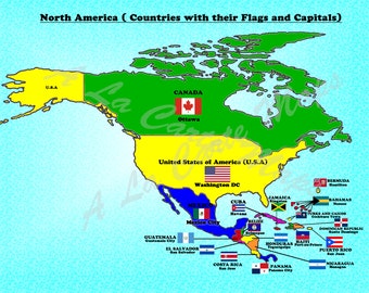 Digital Map of North American countries with their flags and their capital cities