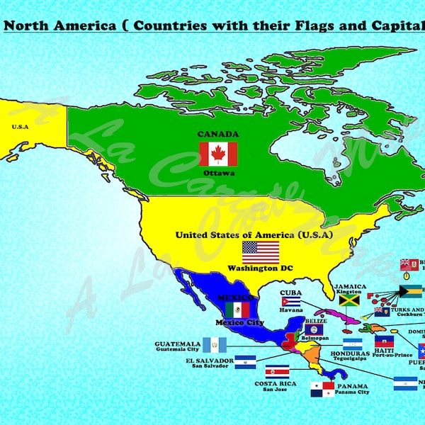 Digital Map of North American countries with their flags and their capital cities