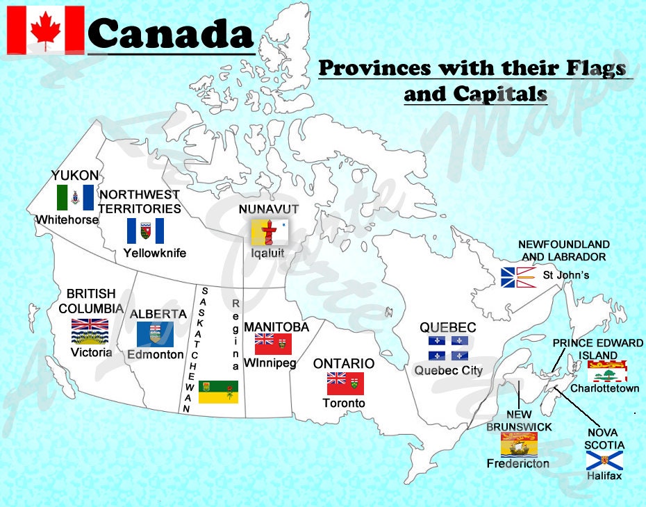 Digital Map of All Canadian Provinces With Their Flags and Their