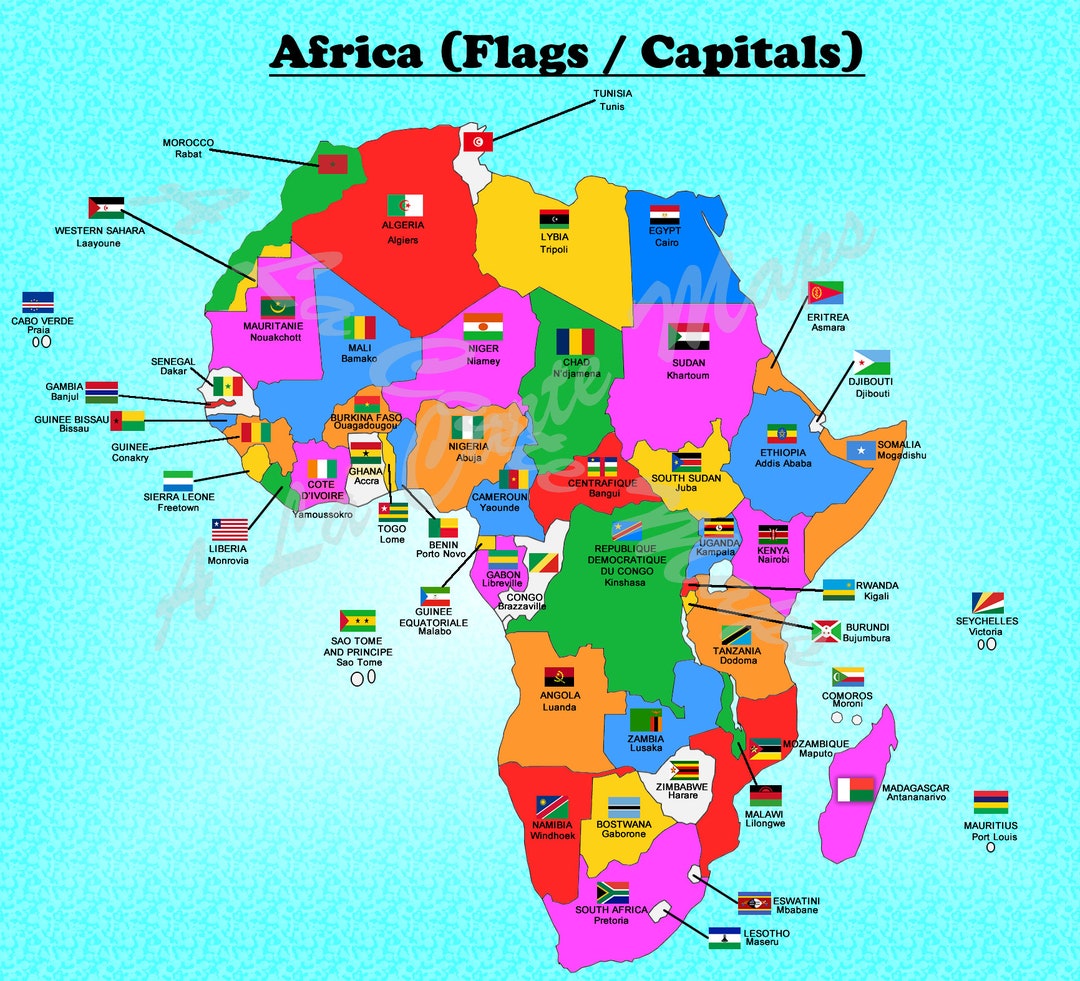 Digital Map Of All African Countries With Their Flags And Their Capital Cities Etsy UK
