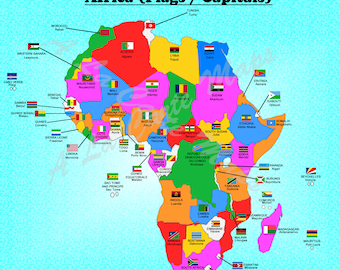 Digital Map of All African Countries With Their Flags and Their Capital  Cities - Etsy