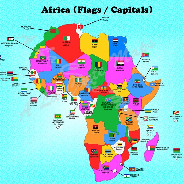 Digital Map of all African Countries with their flags and their capital cities