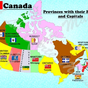 Digitale kaart van alle Canadese provincies met hun vlaggen en hun hoofdsteden