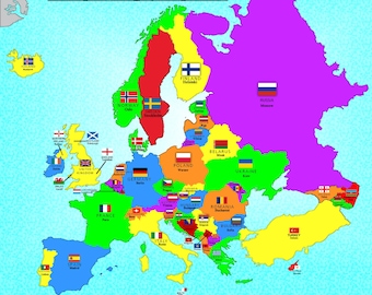 Digital Map of all European Countries with their flags and their capital cities