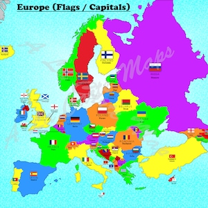 Mapa digital de todos os países europeus com as suas bandeiras e capitais