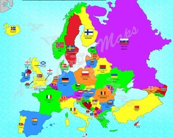 Digital Map of all European Countries with their flags and their capital cities