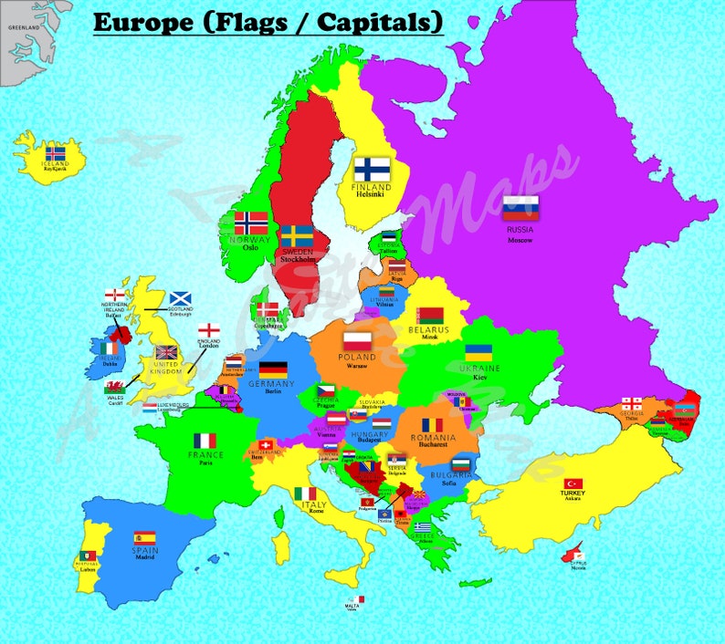 Buy Digital Map of All European Countries With Their Flags and Their ...