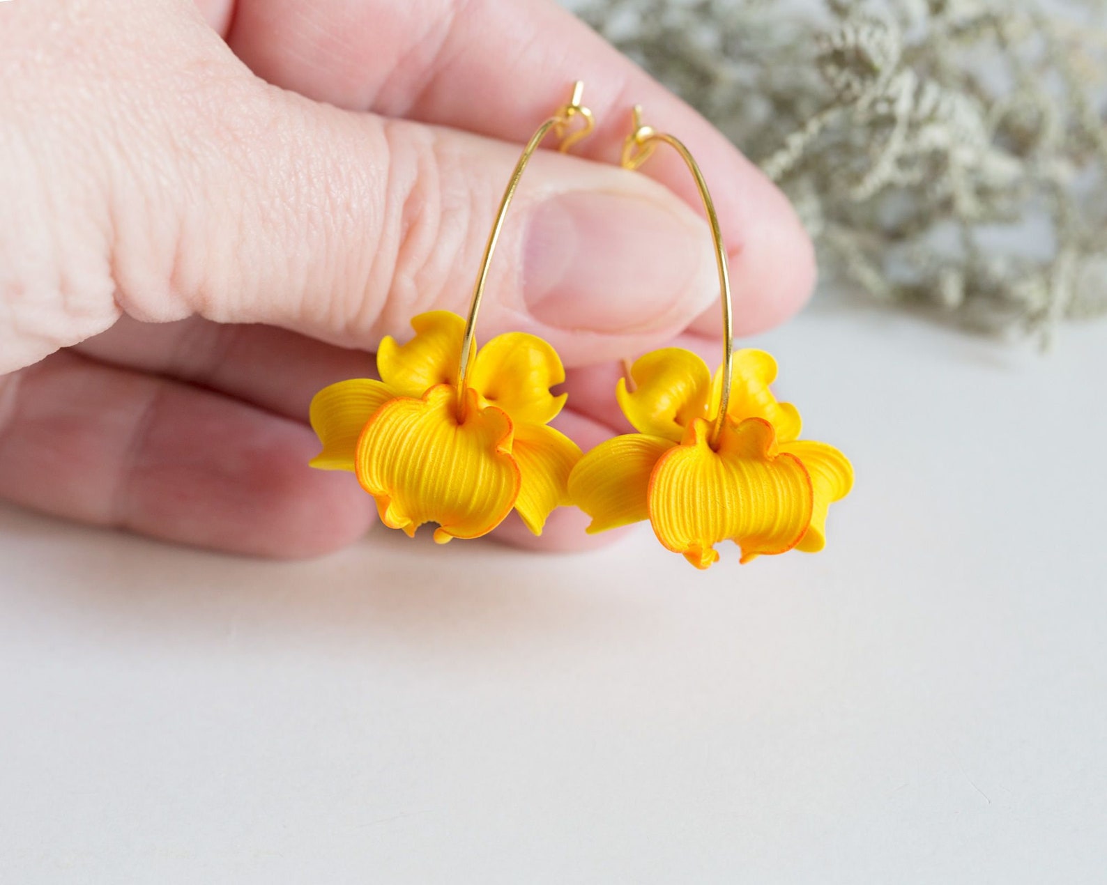 Floral Earrings Hoops. Yellow Orchid Flower Earrings. Hawaii Etsy