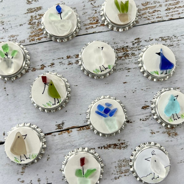 Sea Glass Bottle Cap & Wood Magnets