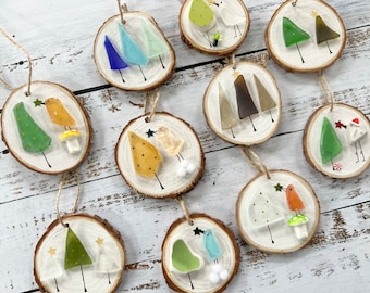 Christmas Sea Glass Wood Ornaments