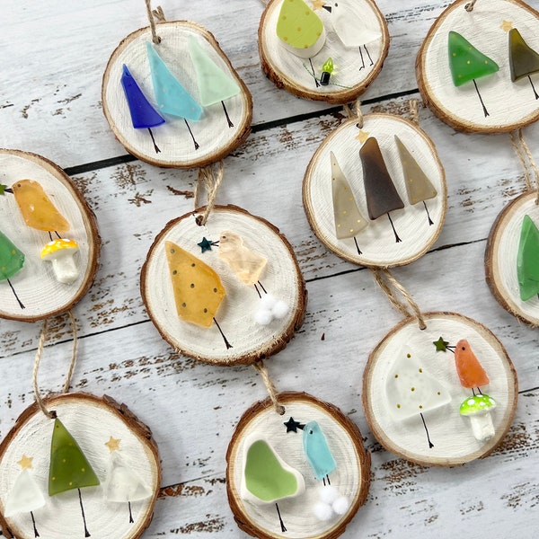 Christmas Sea Glass Wood Ornaments