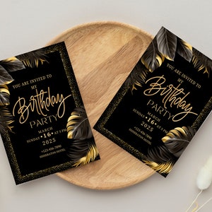 Tarjeta de invitación a la fiesta de cumpleaños de oro negro // Tarjeta de celebración de cumpleaños // Invitaciones de cumpleaños // Descarga digital