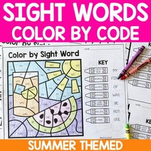 May include: A printable summer-themed color by sight word activity sheet. The sheet features a watermelon with the words "find", "was", "be", "use", "not", "my", and "of" written in the sections. A key with crayons shows the color code for each word.