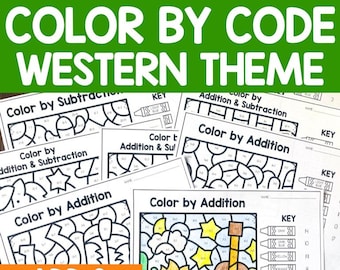 Può includere: Un set di fogli di lavoro stampabili da colorare per numeri con un tema western. I fogli di lavoro includono problemi di addizione e sottrazione. Le immagini da colorare includono un falò, una chitarra e una stella.