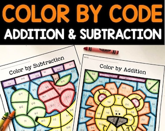Può includere: Due fogli di lavoro stampabili da colorare per codice per bambini. Un foglio di lavoro presenta una mela e una banana, l'altro un leone. I fogli di lavoro includono problemi di addizione e sottrazione da risolvere per i bambini.