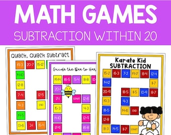 Può includere: Un set di 15 giochi da tavolo stampabili per bambini per esercitarsi nella sottrazione entro 20. I giochi presentano temi colorati come "Quack, Quack Subtract" e "Karate Kid Subtraction".