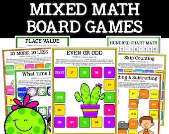 Puede incluir: Un conjunto de juegos de mesa imprimibles coloridos para estudiantes de primer grado. Los juegos presentan un tema de cactus y cubren temas de matemáticas como el valor posicional, los números pares o impares, el conteo de saltos y la suma y la resta.