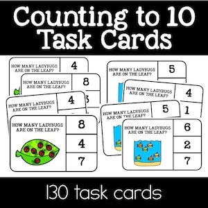 130 Counting to 10 Math Task Cards for Math Centers, 4x6 Activity Cards for First Graders, Number Sense Games for Kids