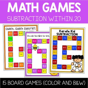 Subtraktion von 20 Brettspielen, druckbare Mathe-Spiele für Zentren, Subtraktion Fact Fluency