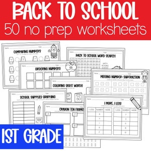 1e leerjaar geen voorbereidingswerkbladen, terug naar school printables, vroege afmaker, wiskunde- en taalkunstactiviteiten, directe downloads
