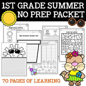 70 Page Summer Early Finisher Worksheet Packet, Math & Language Arts Practice Pages, First Grade, Summer Learning Workbook