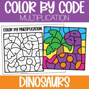 Può includere: Attività di colorazione per codice di moltiplicazione con un dinosauro e una palma. Il foglio di attività include una griglia con problemi di moltiplicazione da risolvere e colorare il dinosauro in base al codice colore corrispondente.