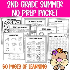 50 Page Summer Early Finisher Worksheet Packet, Math & Language Arts Practice Pages, 2nd Grade, Summer Learning Workbook