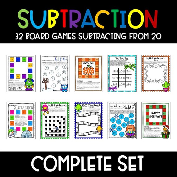 subtraction from 20 board games printable math games for etsy