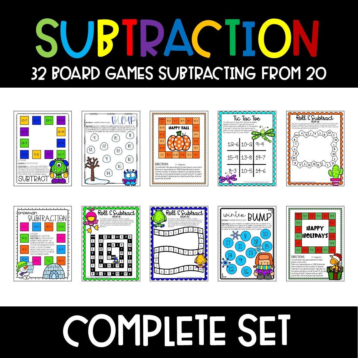 subtraction from 20 board games printable math games for etsy