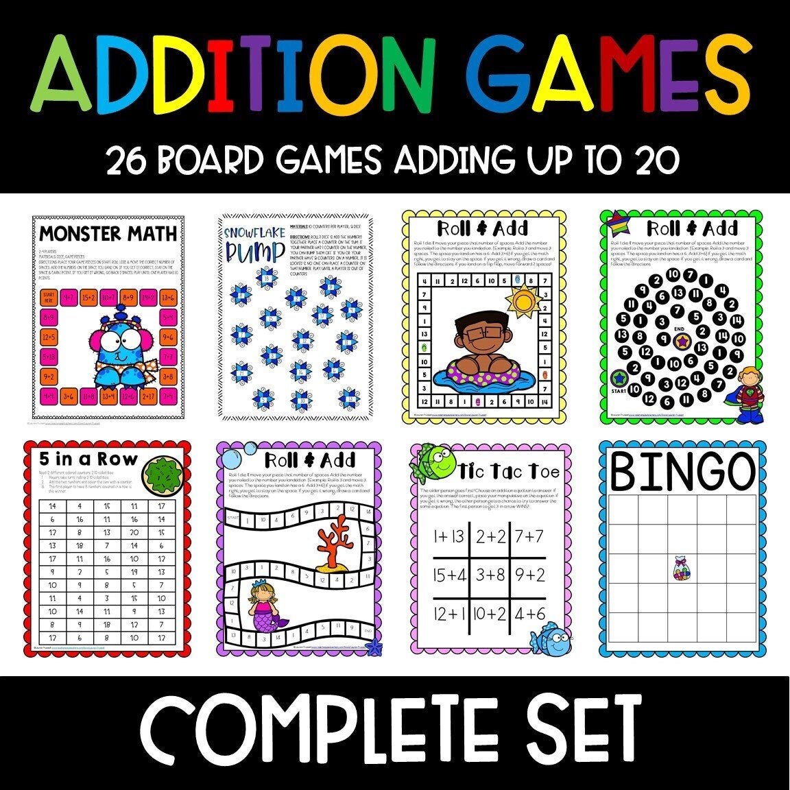 Addition to 20 Board Games Printable Math Games for Centers Etsy