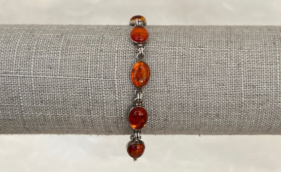 Sterling Silver Oval Fossilized Tree Sap Amber Link Line Bracelet