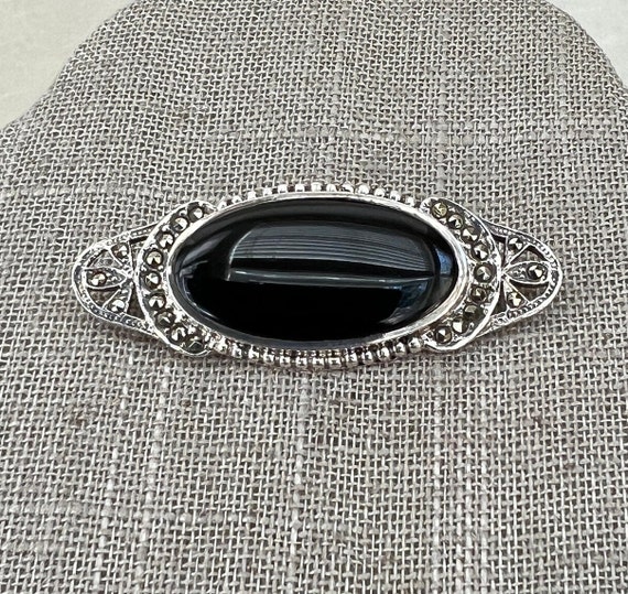 Vintage Boma Sterling Silver Onyx & Marcasite Pin
