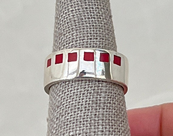 Vintage Sterling Silver Red Squares Tube Ring - image 1