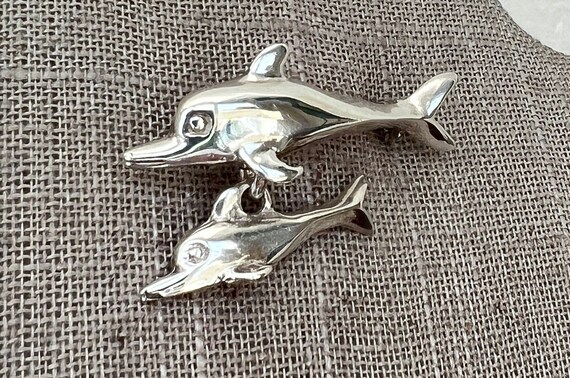 Sterling Silver Dolphin and Baby Dangle Brooch - image 2