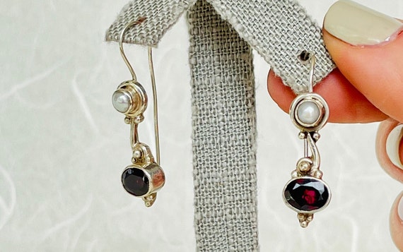Sterling Silver Beaded Pearl & Garnet Earrings