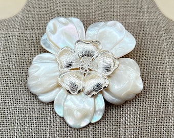 Sterling Silver Carved Mother of Pearl Floral Brooch