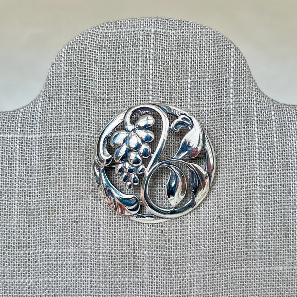 Vintage Danish Georg Jensen Style Sterling Silver Circle Floral Brooch