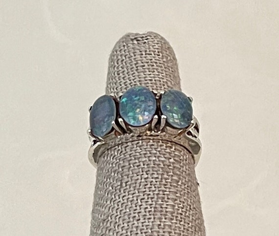 Vintage Sterling Silver Three Opal Triplet Ring - image 2