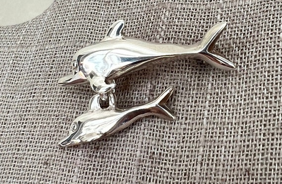 Sterling Silver Dolphin and Baby Dangle Brooch - image 3