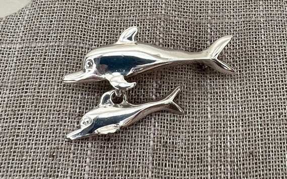 Sterling Silver Dolphin and Baby Dangle Brooch - image 1